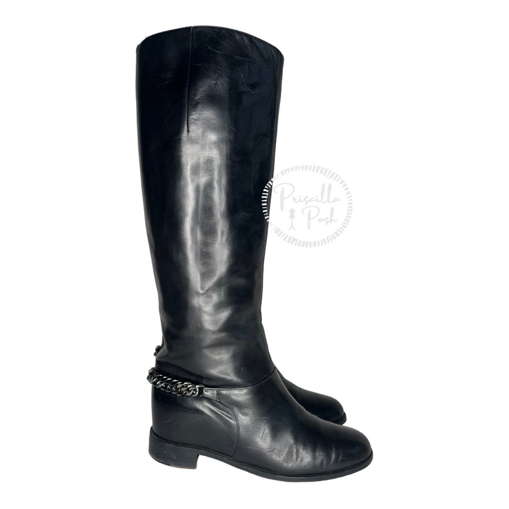Christian Louboutin Black Leather Knee High Silver Chain Combat Boot Rubber Sole